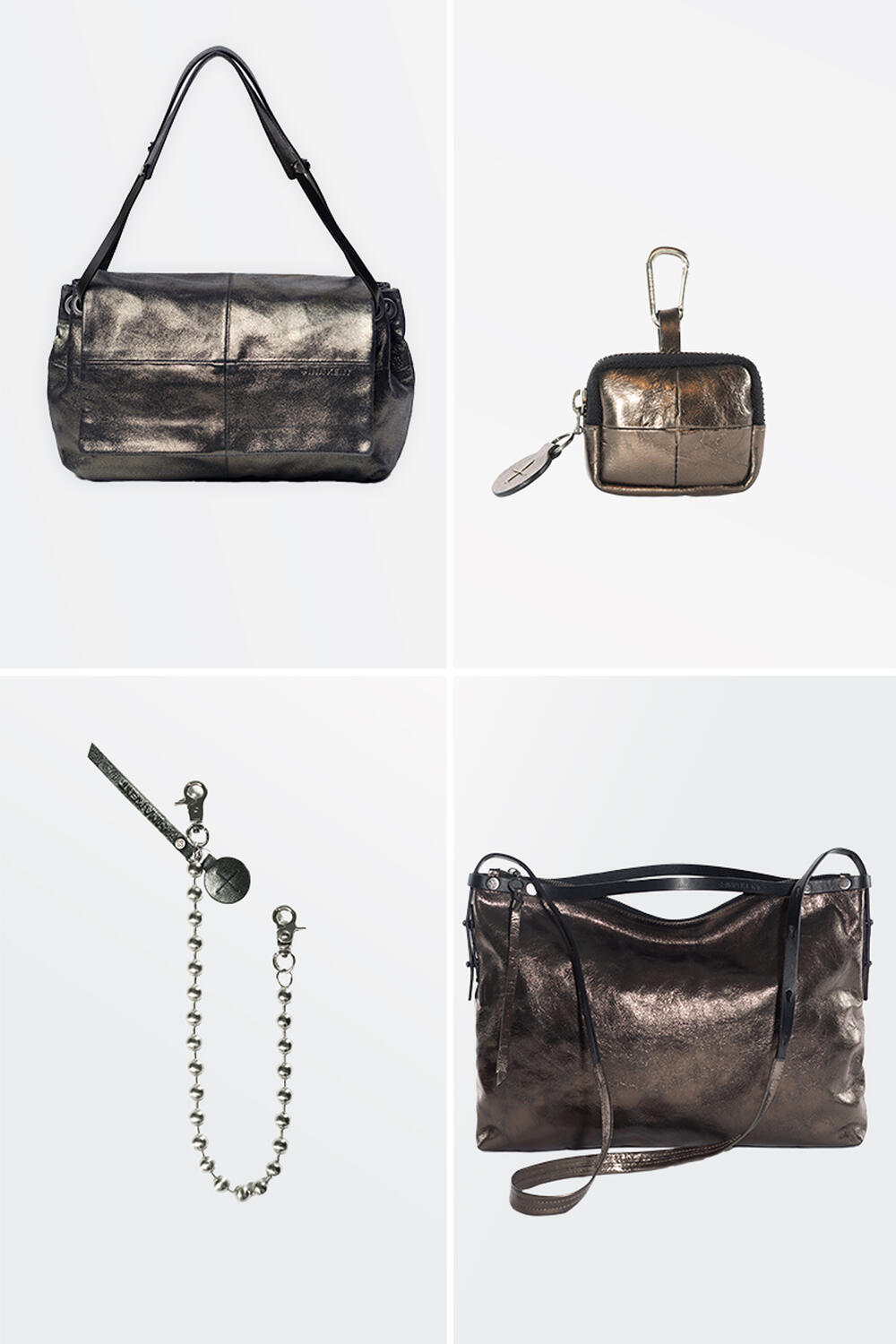 Auswahl an dunklen Metallic-Taschen von INA KENT