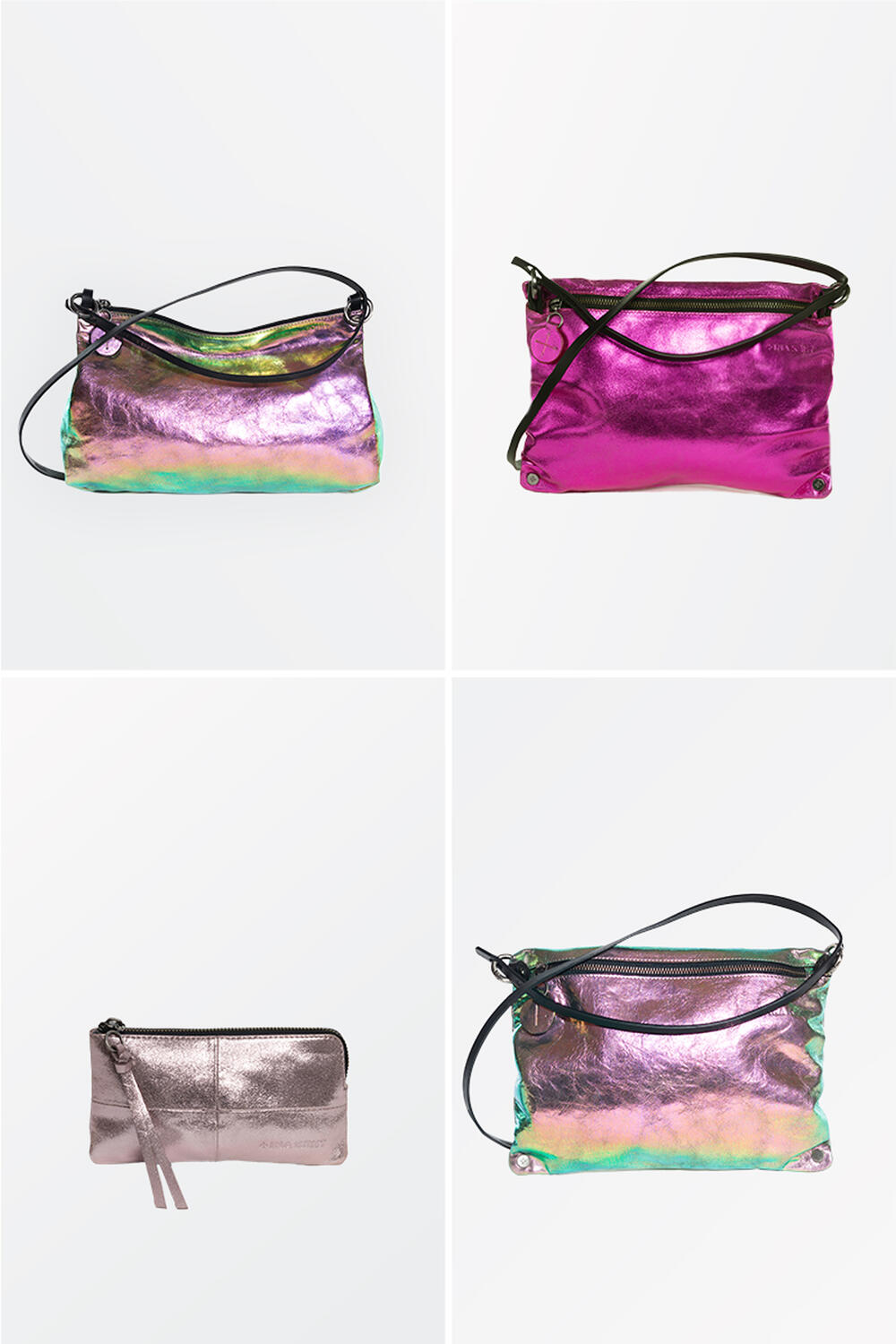 Auswahl an glänzender pinken und rosanen Metallic-Taschen von INA KENT