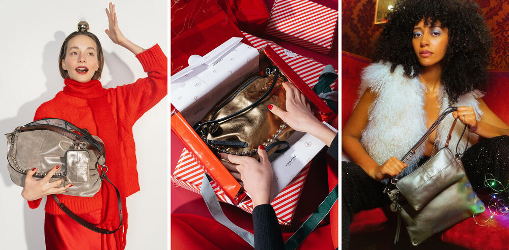 Three-panel image: A woman in red holds an INA KENT metallic bag; hands unwrap a gold bag from a gift box; another woman with curly hair poses with two metallic INA KENT bags.