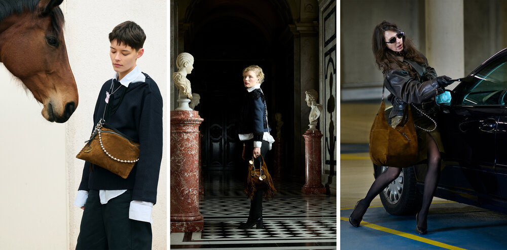 Three people pose with an INA KENT large brown handbag in different settings: near a horse, in an ornate hallway, and beside a black car in a parking garage.