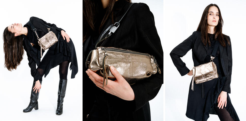 Three images show a woman in a black dress and boots modeling an INA KENT small, metallic gold shoulder bag, including a close-up of the bag.