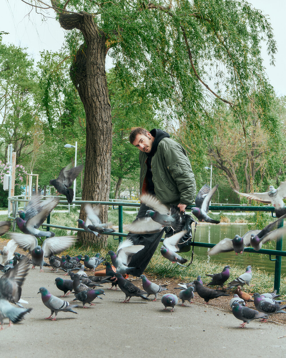 Ein Mann in grüner Jacke steht in der Nähe einer Parkbank, umgeben von zahlreichen Tauben, von denen einige fliegen und andere auf dem Boden liegen. Seine stilvolle INA KENT-Tasche liegt neben ihm inmitten von Bäumen im Hintergrund.