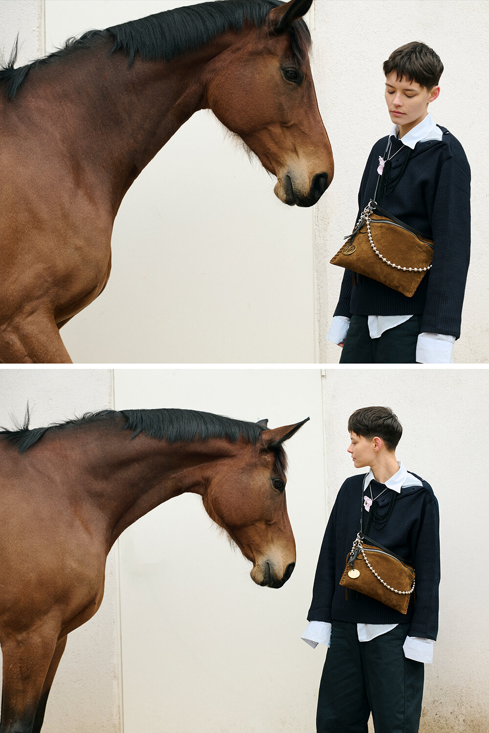 A person wearing a dark sweater, white collared shirt, and an INA KENT brown shoulder bag stands facing a brown horse against a plain, light-colored wall in two similar frames.