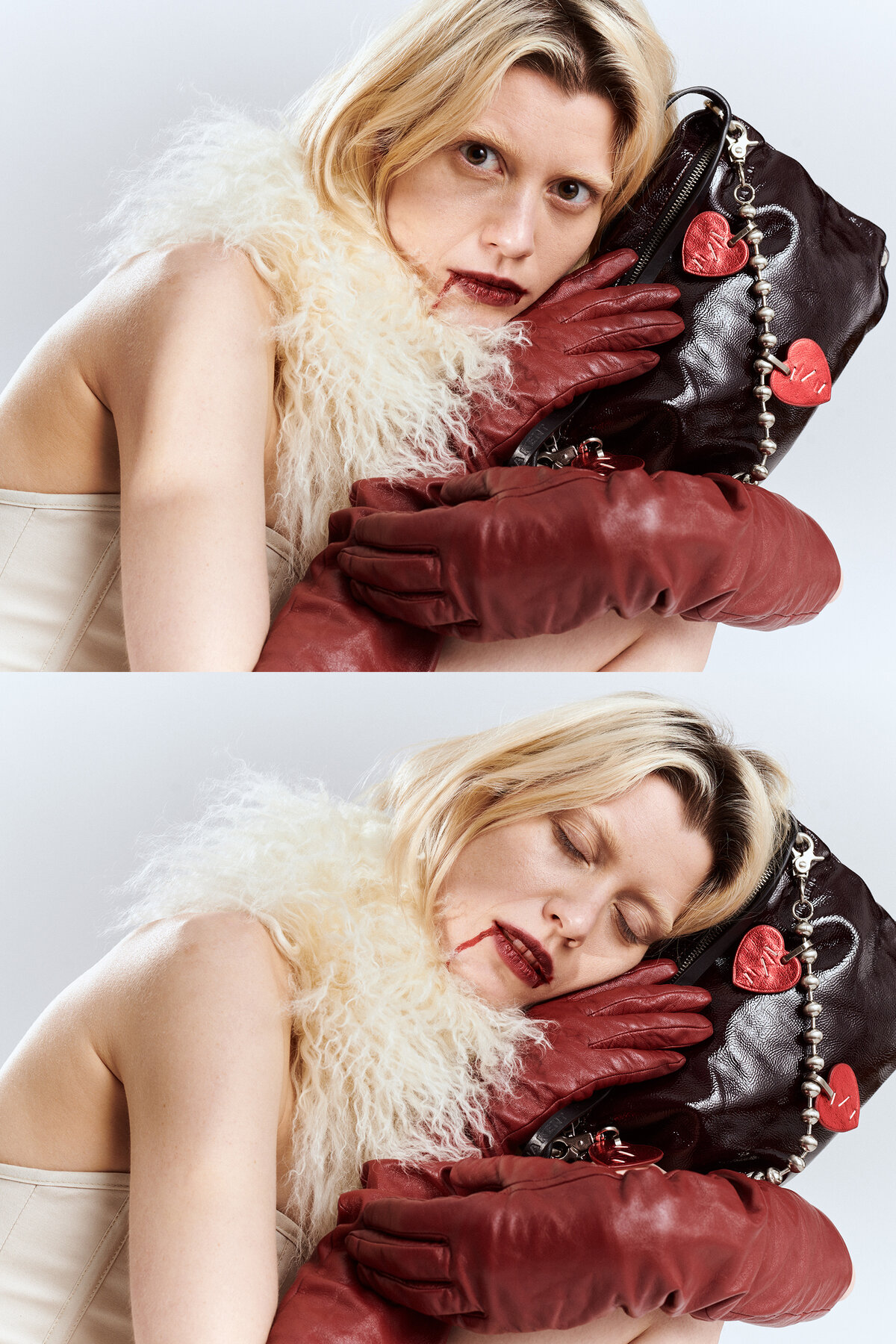A woman in a white outfit with a feathery collar rests her head on an INA KENT black purse decorated with red heart charms, wearing red gloves; one image with eyes open, one with eyes closed.