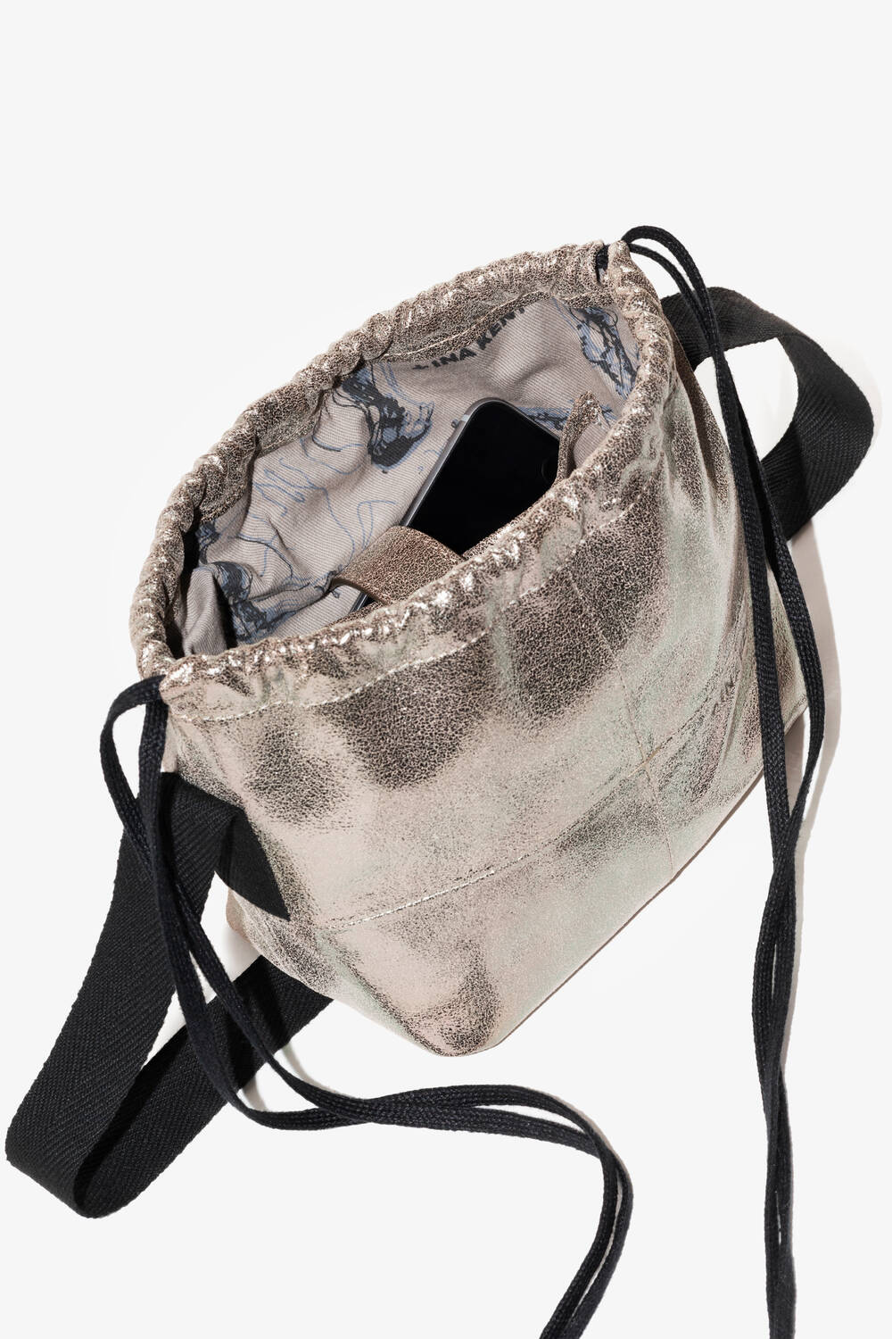 Inside mini bucket bag made of metallic leather LIL BUFFY ed.1 crackled anthra