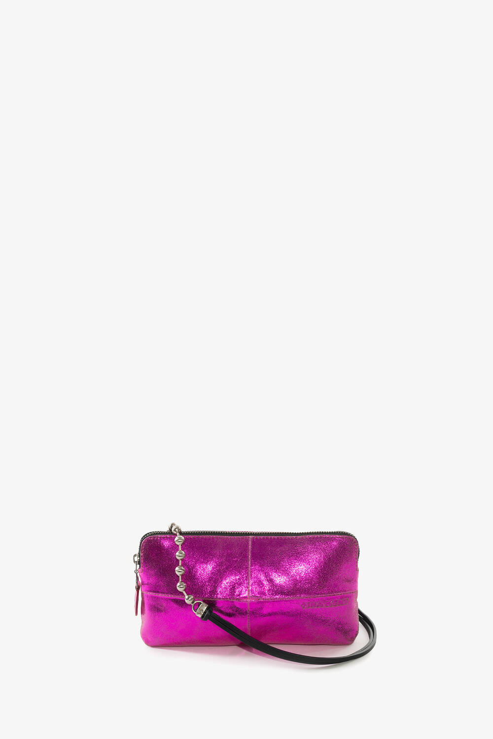 INA KENT Schultertasche und Clutch IVIET aus Metallic-Leder in neon pink Vorderansicht