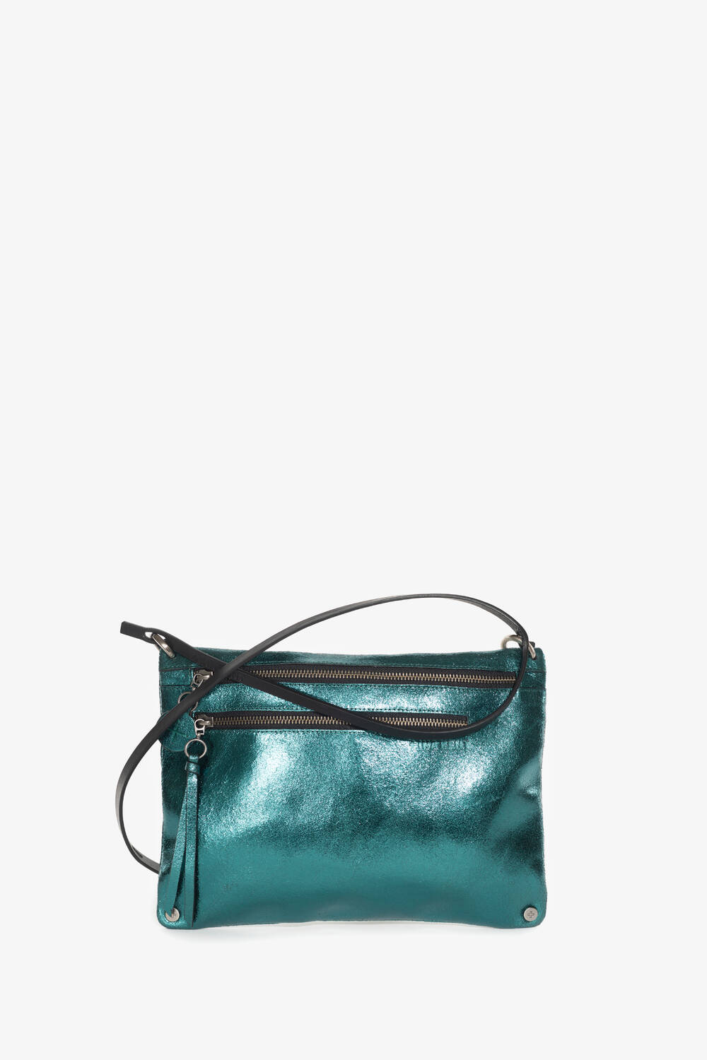 Schultertasche mit Außenfach MOONLIT ed.2 aus Metallic-Leder in blau-grün von INA KENT vorne