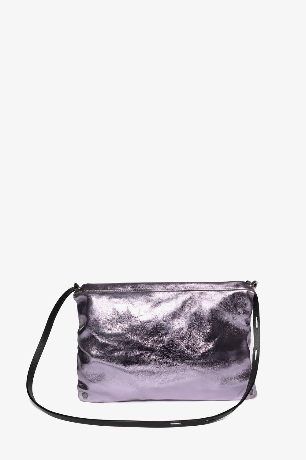 A purple metallic handbag by INA KENT with a black shoulder strap, featuring a simple design and a slightly crinkled texture.