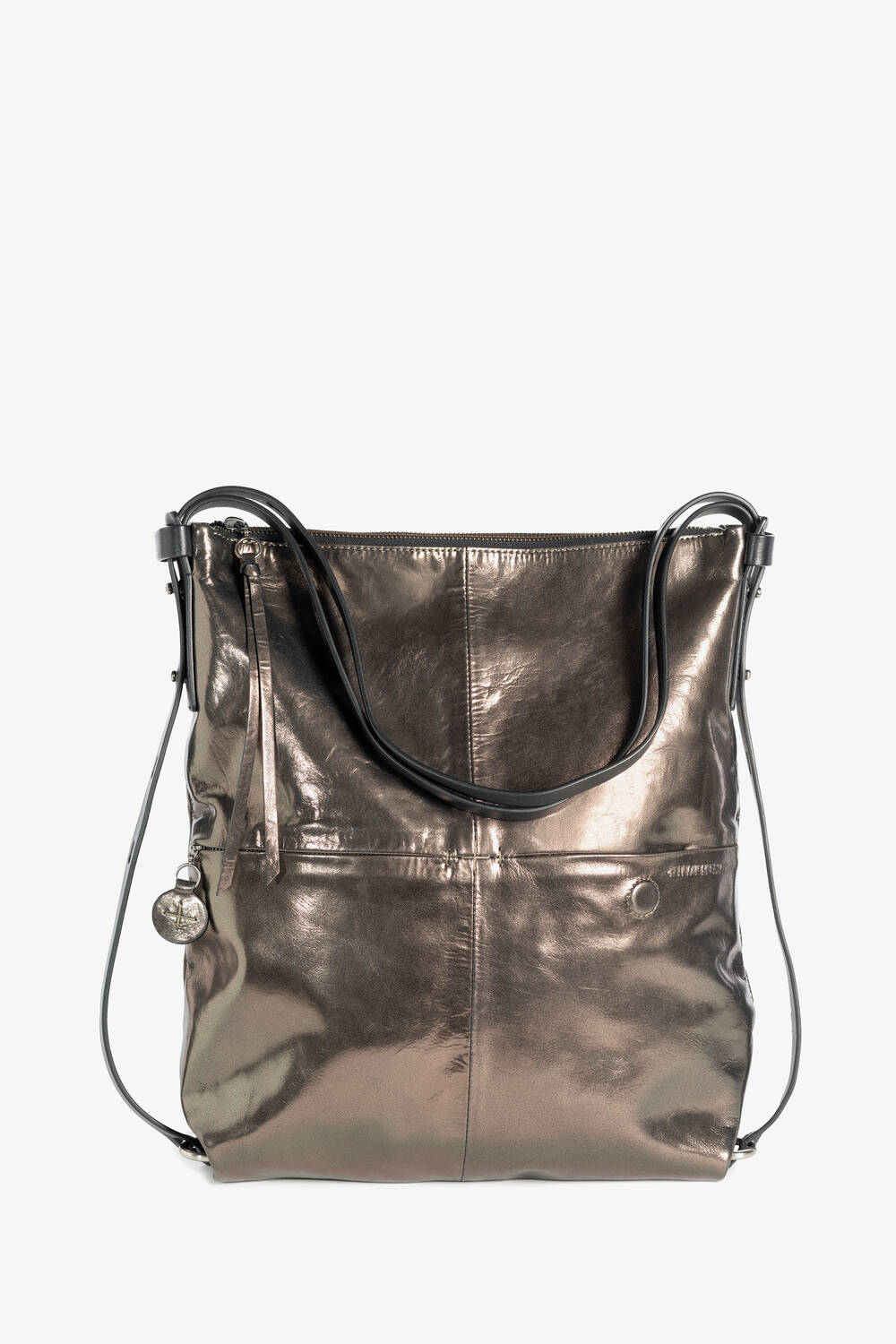 A metallic tote bag by INA KENT with a smooth surface, featuring two handles and a dangling charm on the side.