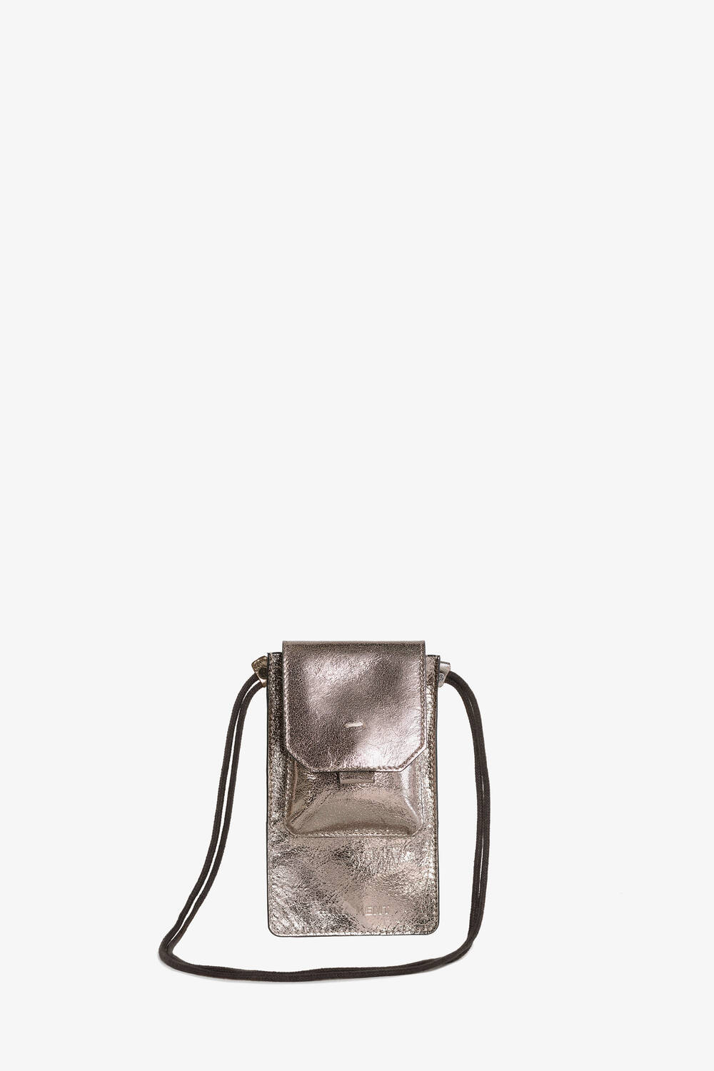 This INA KENT metallic purse features a flap closure, front pocket, and long strap, all set against a plain white background.