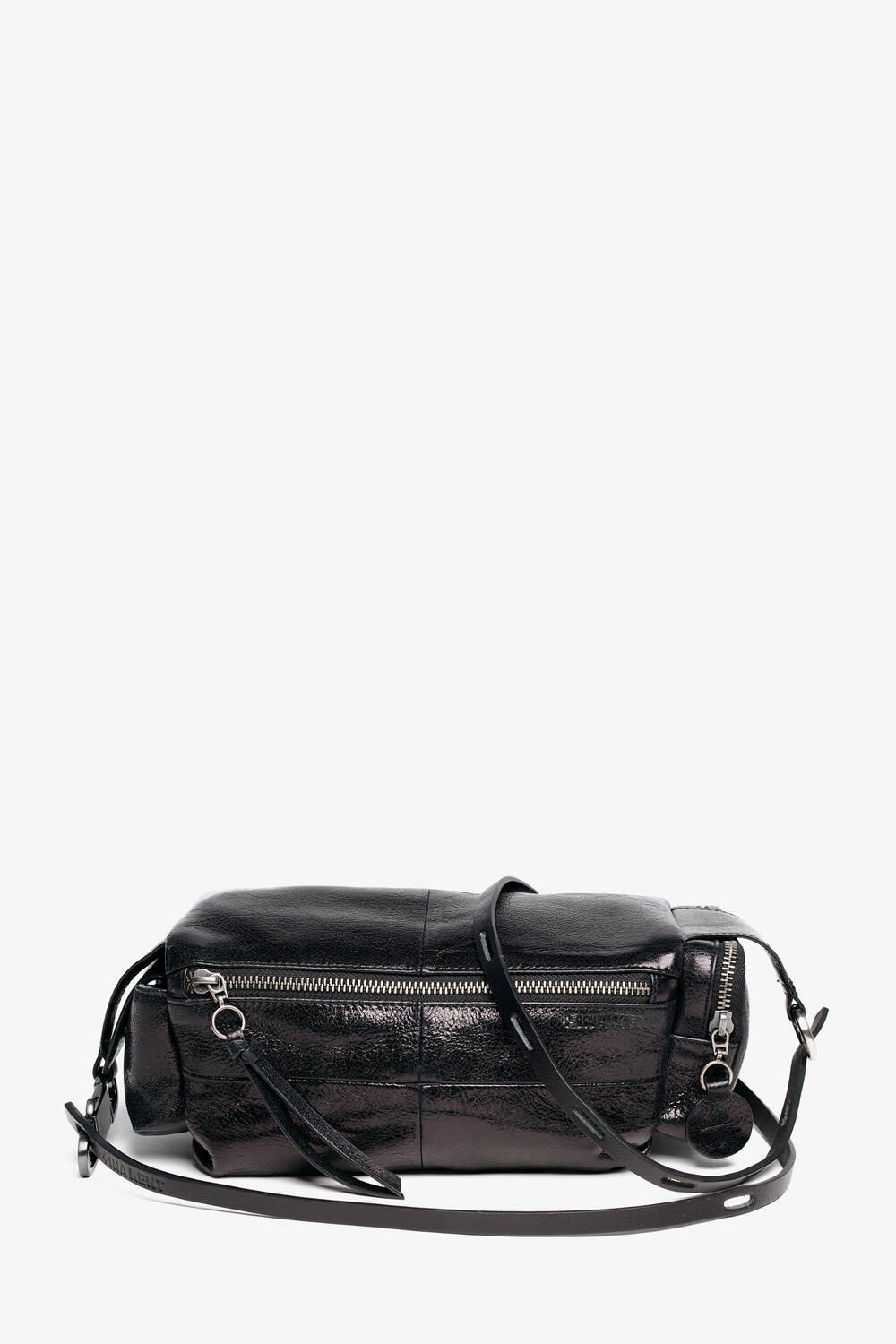 ROXIE ed.1 metallic deep tar – Frontalansicht der Tasche mit verstellbarem Lederriemen und sichtbaren Außentaschen.