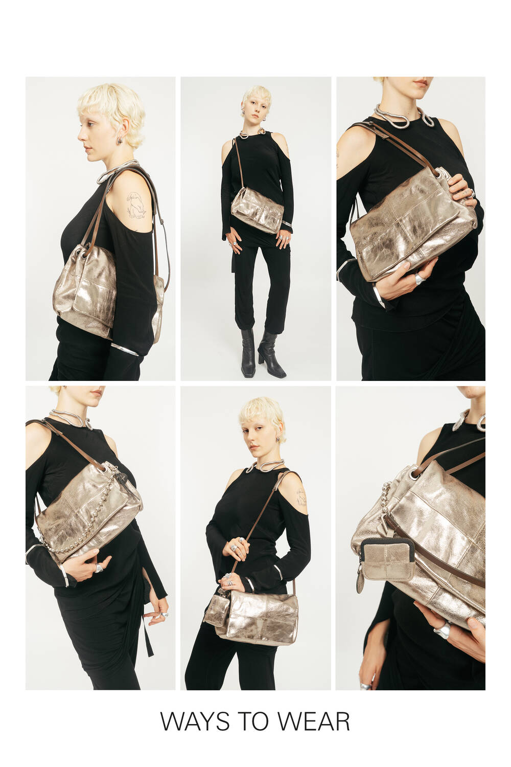 Collage, die eine Person zeigt, die eine INA KENT Metallic-Umhängetasche auf verschiedene Weise modelliert, um zu demonstrieren, wie man die Tasche zu einem schwarzen Outfit tragen kann. Der Text darunter lautet: "Ways to Wear.