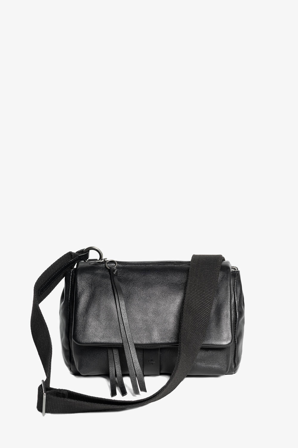INA KENT black leather crossbody bag with a front flap, two zipper pulls, and an adjustable fabric shoulder strap, displayed against a plain white background.