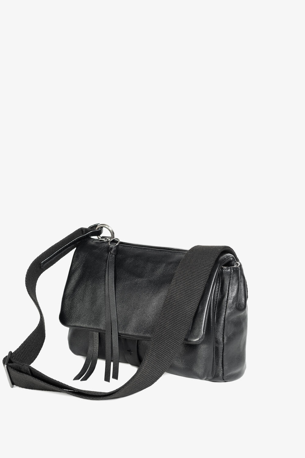 A black leather shoulder bag by INA KENT with a flap closure, long adjustable strap, and two leather tassels hanging from the front.