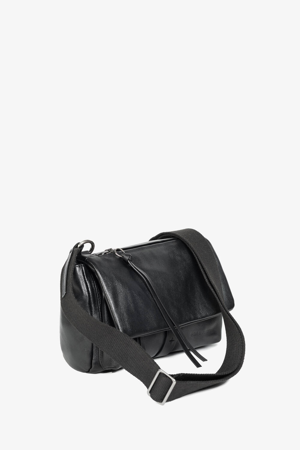 INA KENT black leather messenger bag with flap closure, front zipper, and adjustable black canvas shoulder strap, displayed against a plain white background.