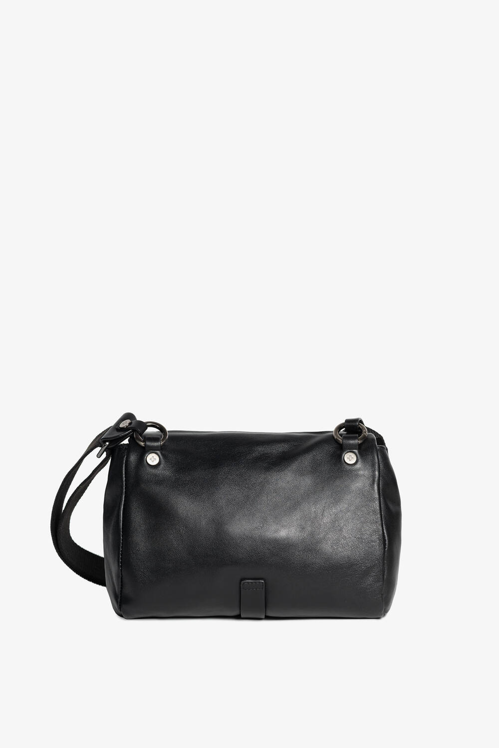 An INA KENT black leather shoulder bag with a detachable strap and metal hardware, placed against a plain white background.