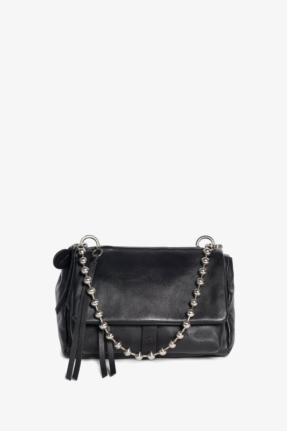 An INA KENT black leather handbag with a flap closure, silver chain strap featuring round beads, and black leather tassel accents, displayed against a white background.