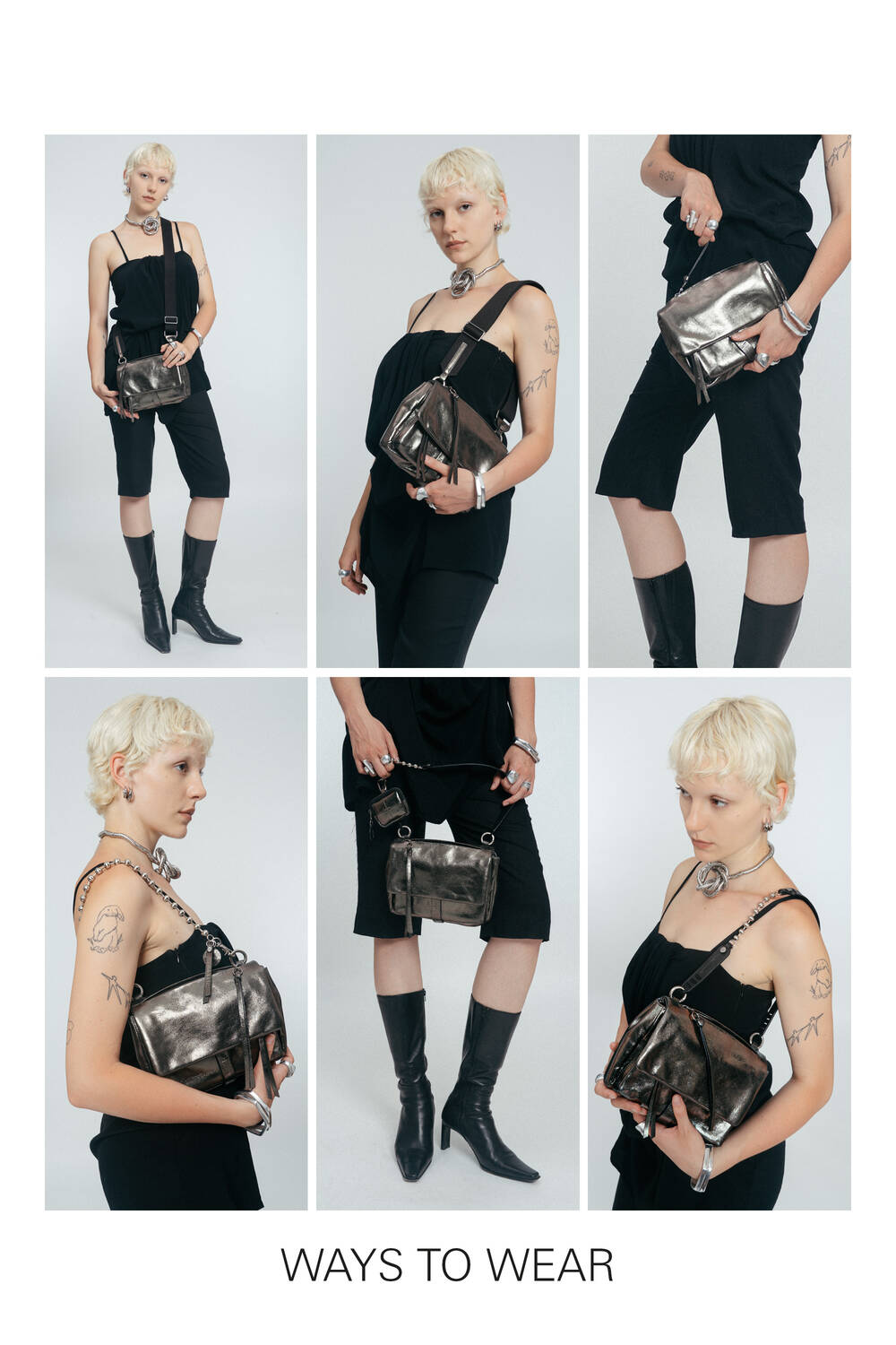 A person with short blonde hair models an INA KENT metallic handbag in six ways, including crossbody, clutch, shoulder, and belt bag styles. Text reads: “WAYS TO WEAR.”.