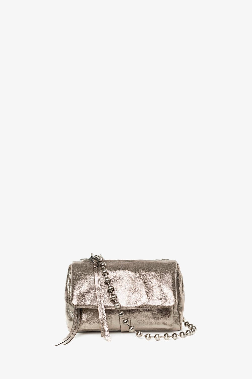 Goldene Flapbag mit Kugelkette aus Metall von vorne