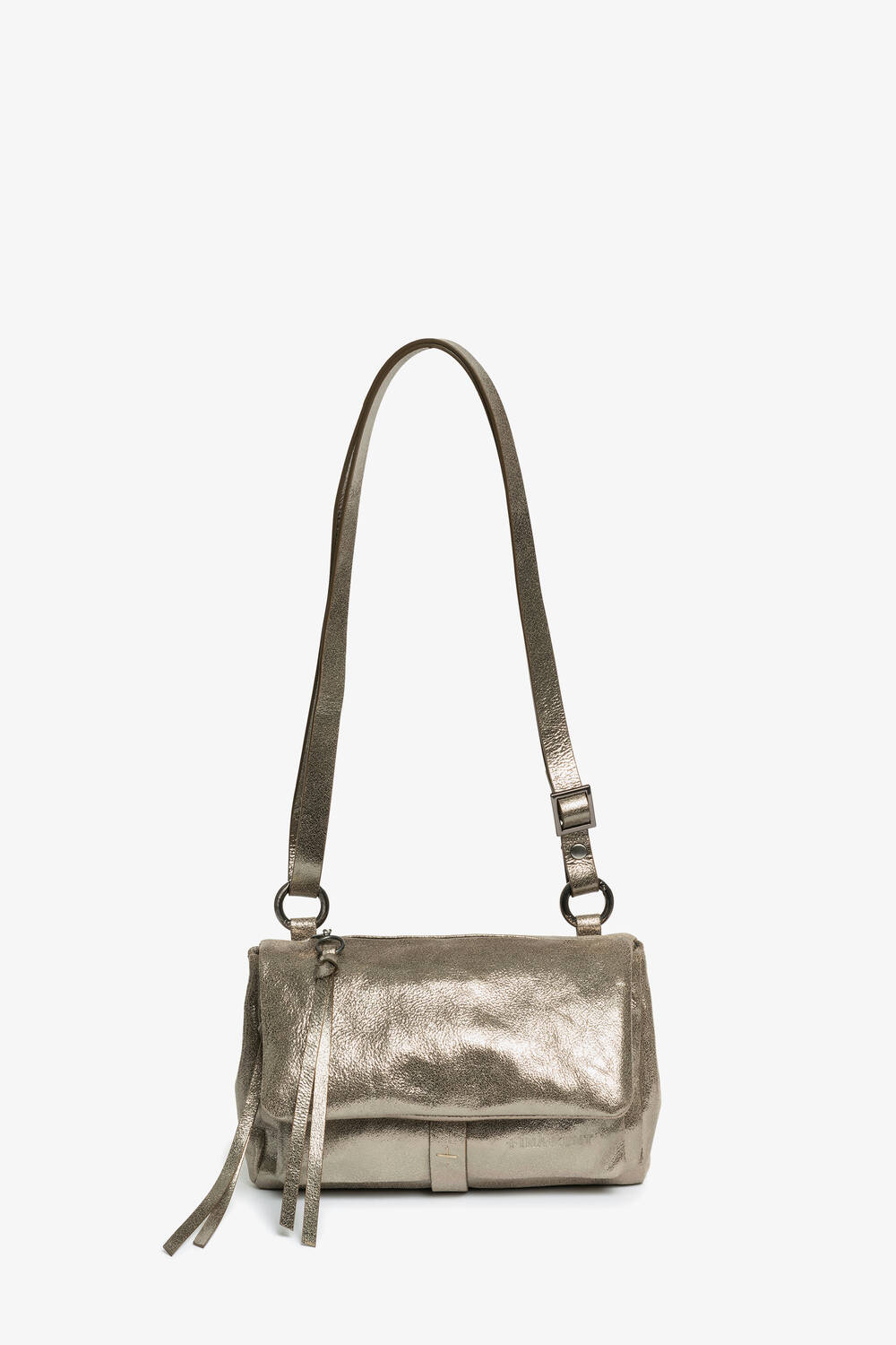 Goldene Flapbag mit Umhängeriemen von vorne