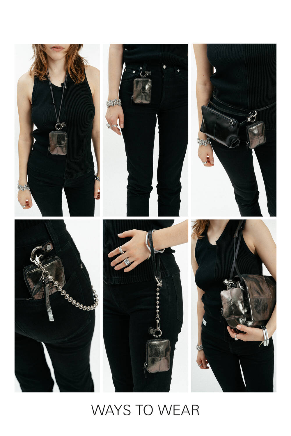 Sechs Bilder zeigen eine Person, die die kleine schwarze Tasche INA KENT auf vielfältige Weise stylt: als Halskette, Crossbody, Hüfttasche, an einer Gürtelschlaufe befestigt, als Armband getragen und als schicke Schultertasche.