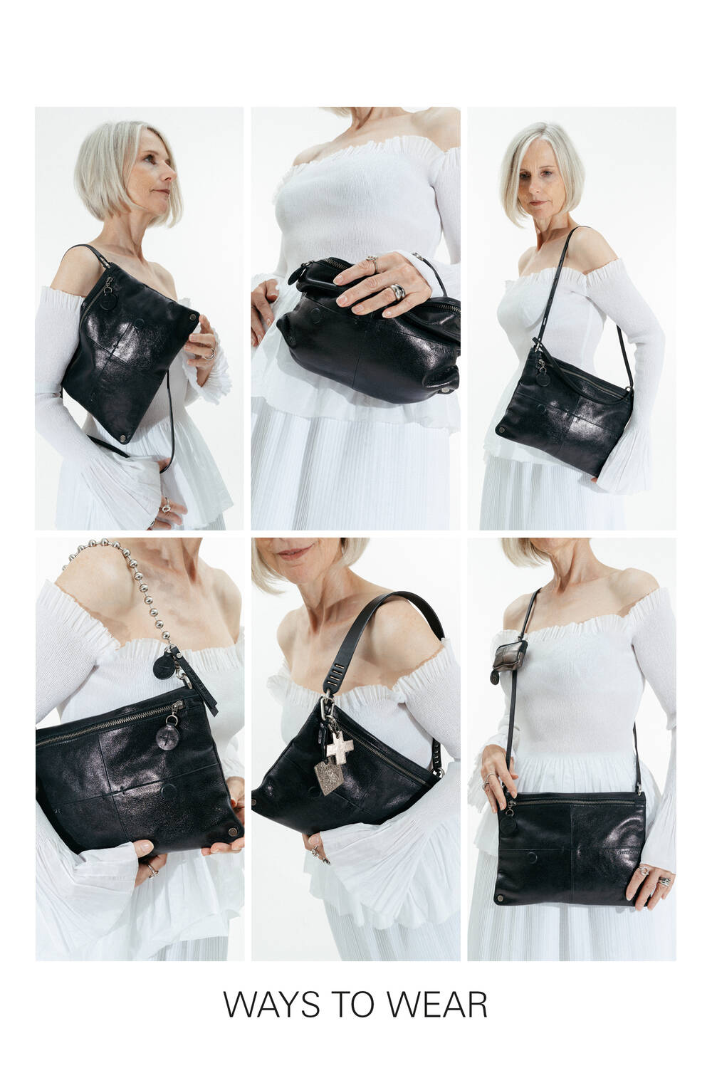 Eine Frau in einem weißen schulterfreien Kleid zeigt sechs Möglichkeiten, eine schwarze Lederhandtasche von INA KENT zu tragen, darunter als Clutch, Schultertasche und Crossbody.