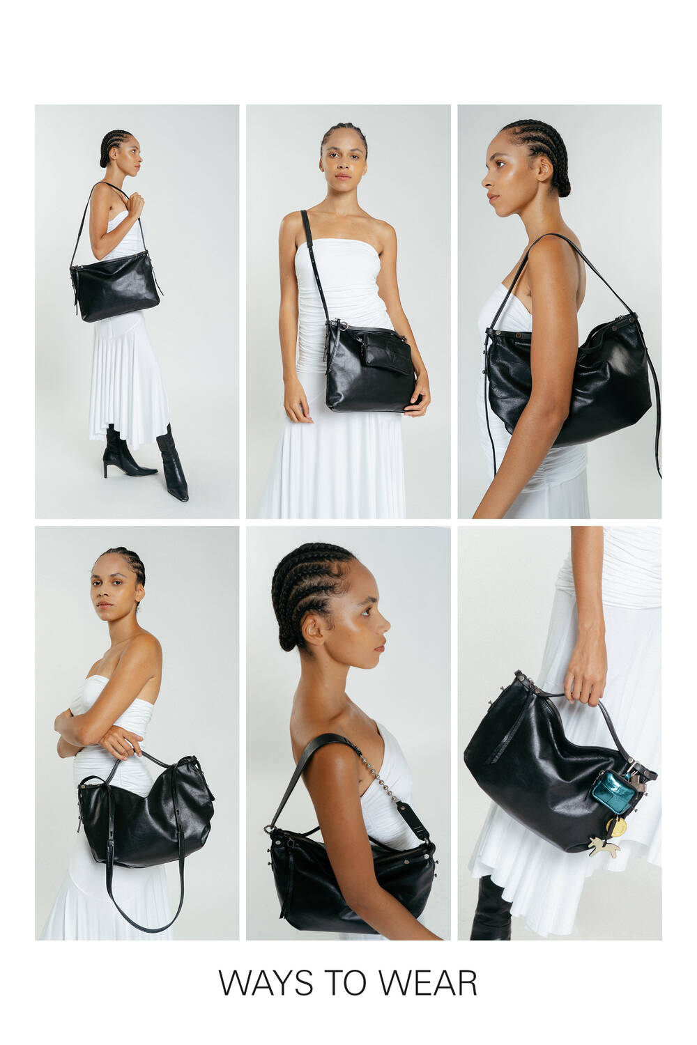 Six images show a woman in a white dress modeling an INA KENT black shoulder bag in different positions—over the shoulder, crossbody, and held by hand—with "WAYS TO WEAR" below.