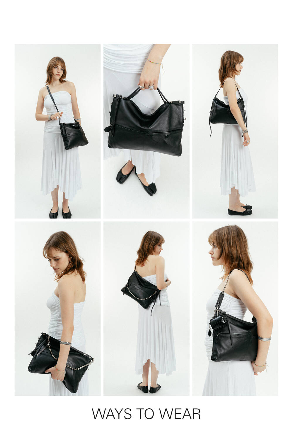 Eine Frau in einem weißen Kleid demonstriert sechs Möglichkeiten, eine schwarze Handtasche von INA KENT zu tragen oder zu halten, indem sie die Griffe und Riemen in verschiedenen Positionen benutzt.