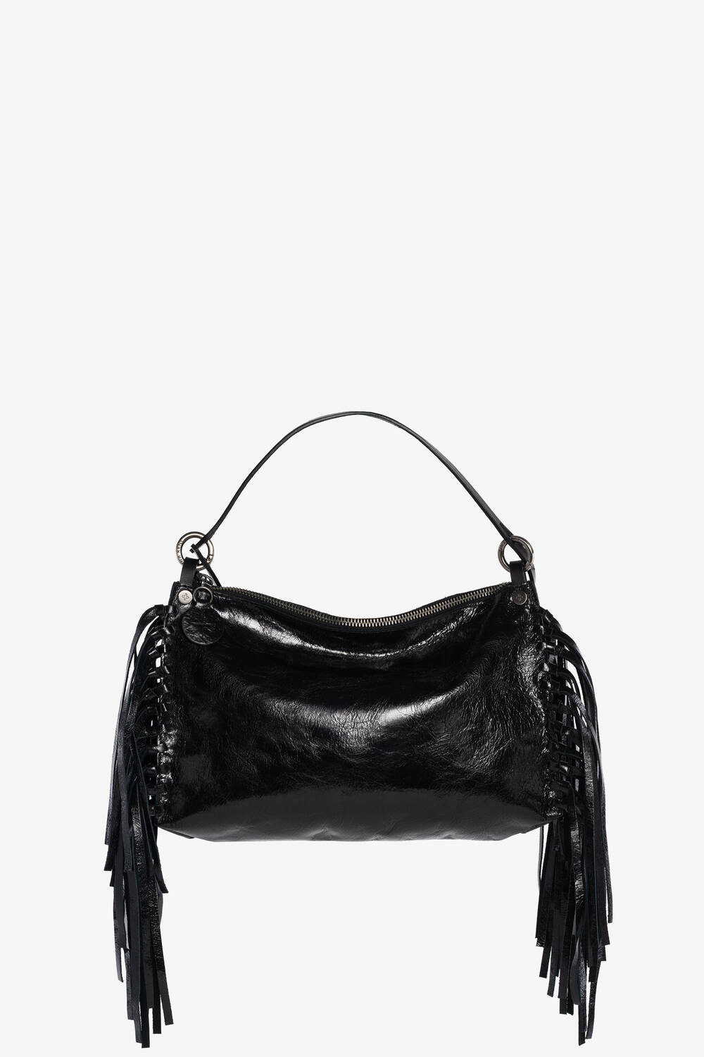 An INA KENT black leather handbag with a single handle, zipper closure, and long fringe detailing on both sides, photographed against a plain white background.