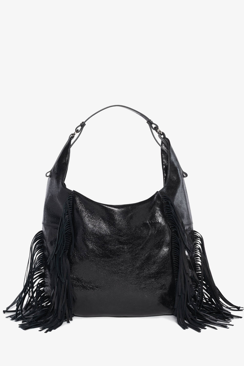 An INA KENT black leather hobo bag with a shoulder strap and long fringe detailing on both sides, displayed on a plain white background.