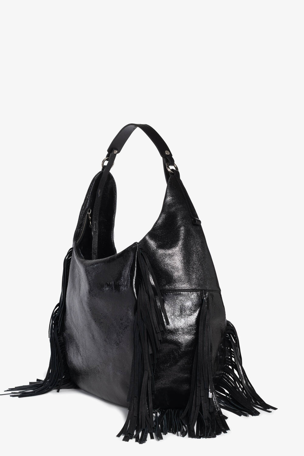 Black leather INA KENT hobo bag with a single shoulder strap and long fringe detailing on the sides and bottom, displayed on a plain white background.