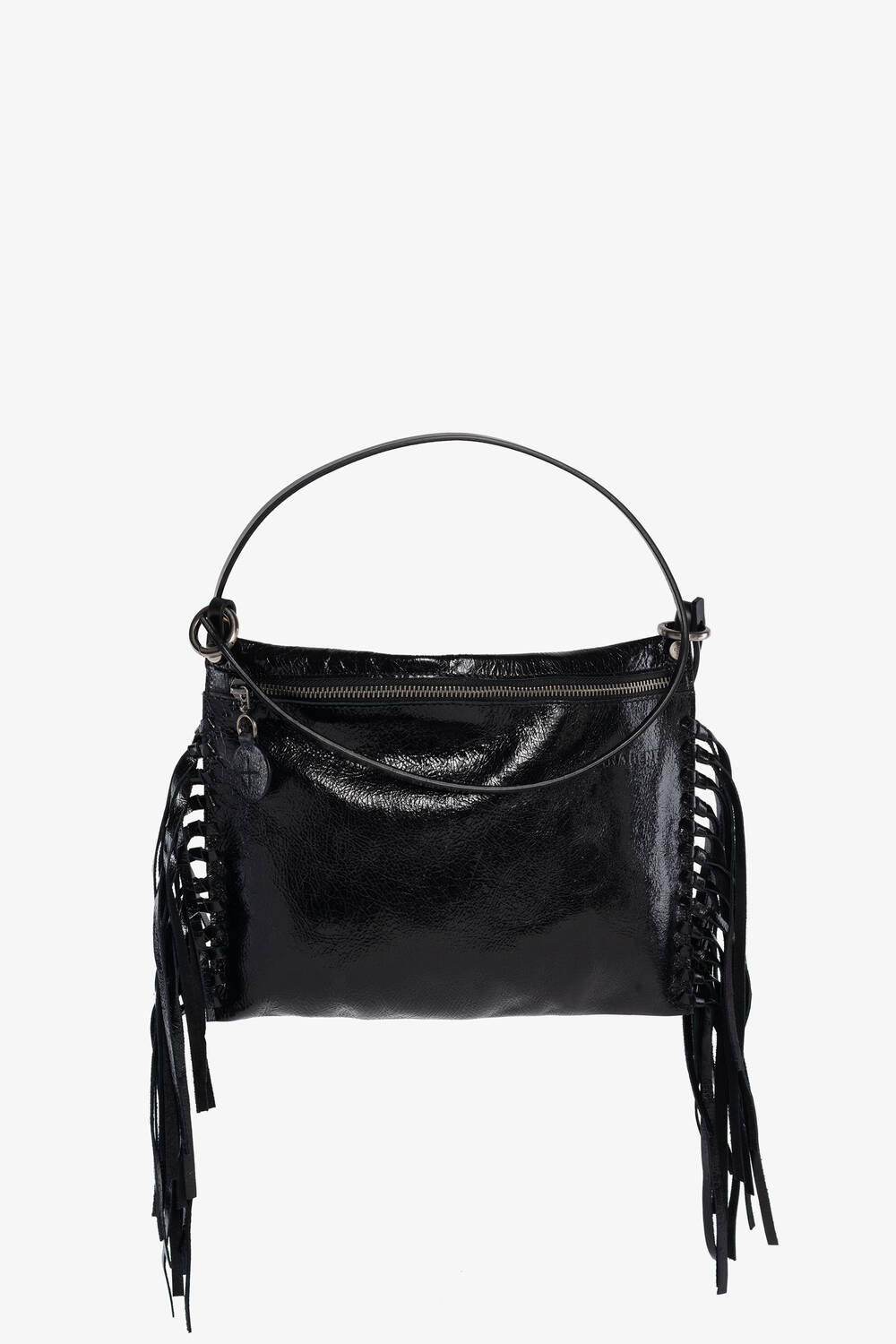 A black patent leather INA KENT handbag with a single shoulder strap, front zipper, and fringe detailing on both sides, set against a plain white background.