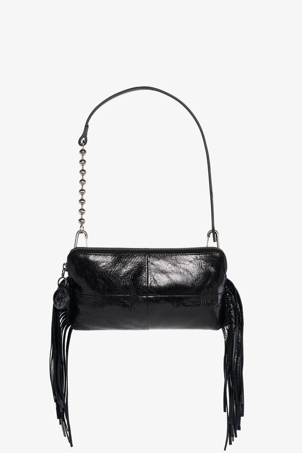 An INA KENT black leather handbag with a short shoulder strap, metal bead detail, and long fringe accents on both sides is displayed against a white background.