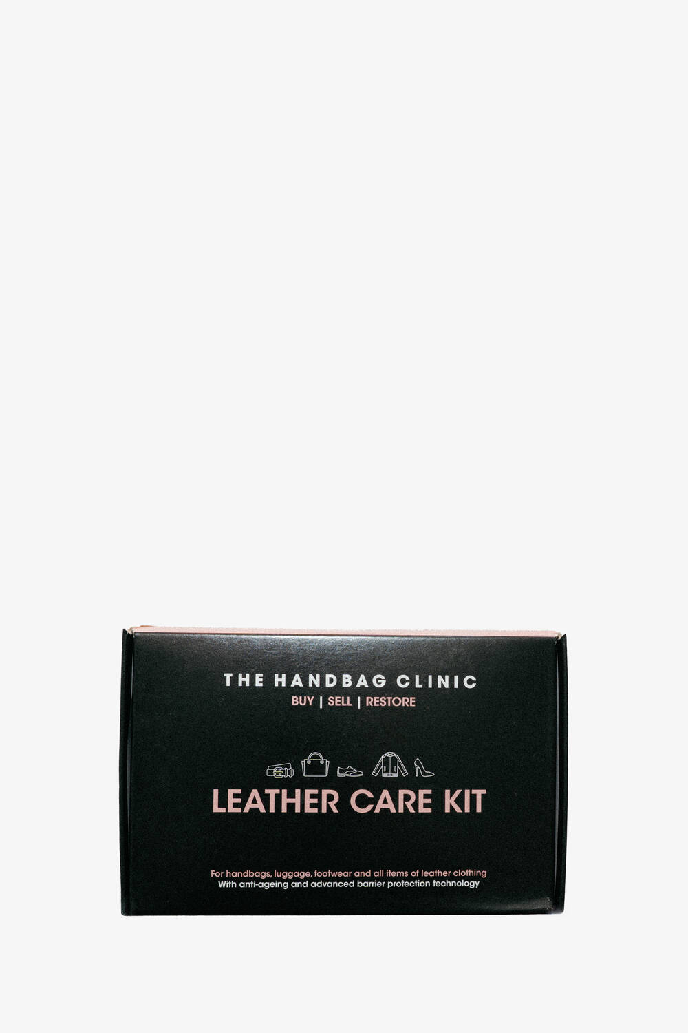 A black box labeled "Leather Care Kit" from The Handbag Clinic, perfect for INA KENT handbags, luggage, footwear, and other leather items, placed against a plain white background.