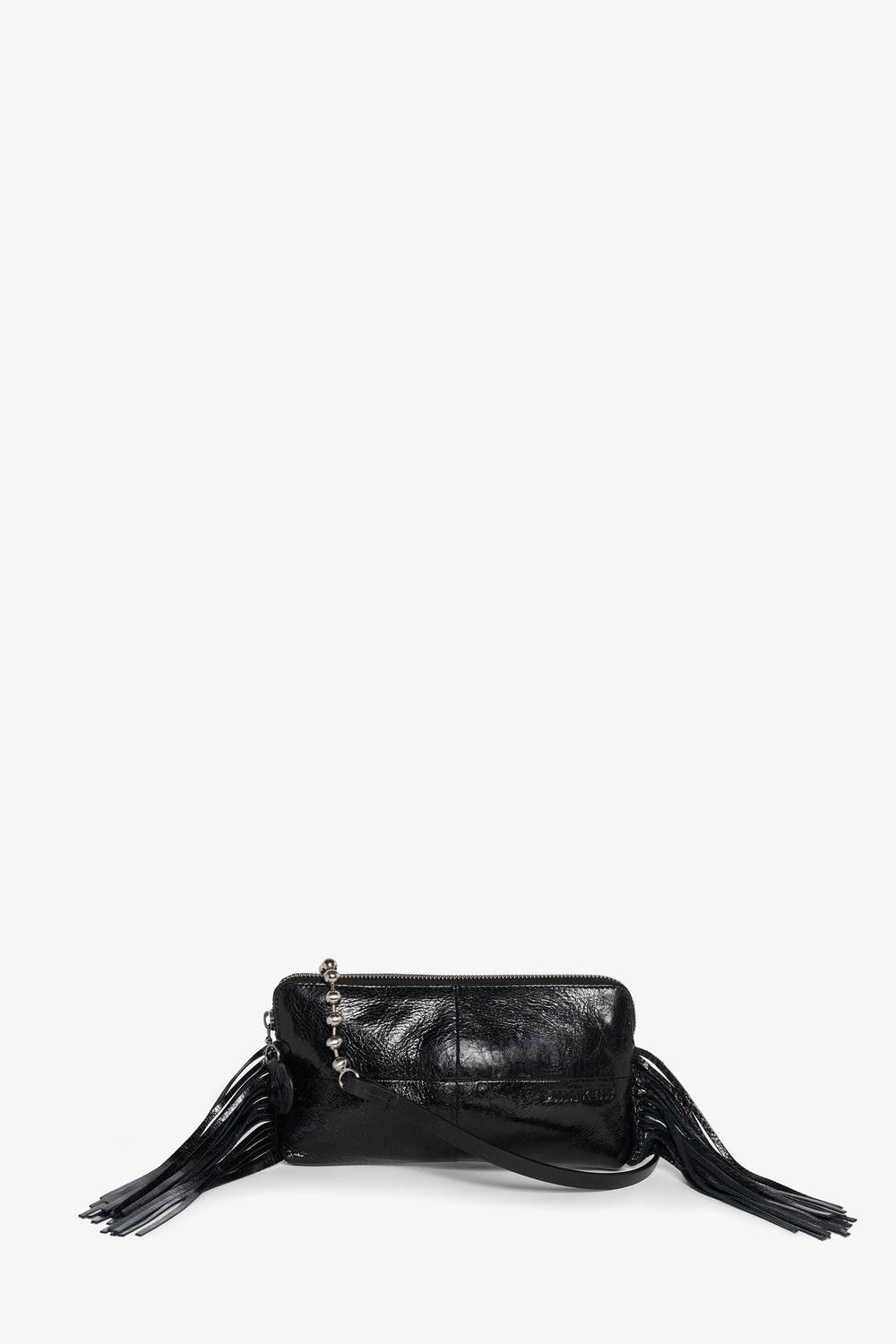 Rectangular black leather INA KENT handbag with long fringe on both sides, a crossbody strap, and metallic star-shaped zipper charms, displayed on a plain white background.