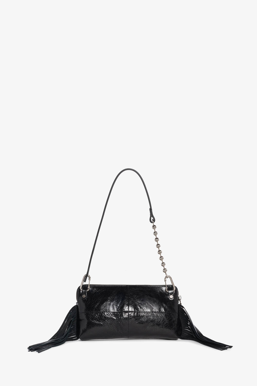 A small black leather INA KENT shoulder bag with a short strap, silver chain detail, and tassels on both sides, set against a plain white background.