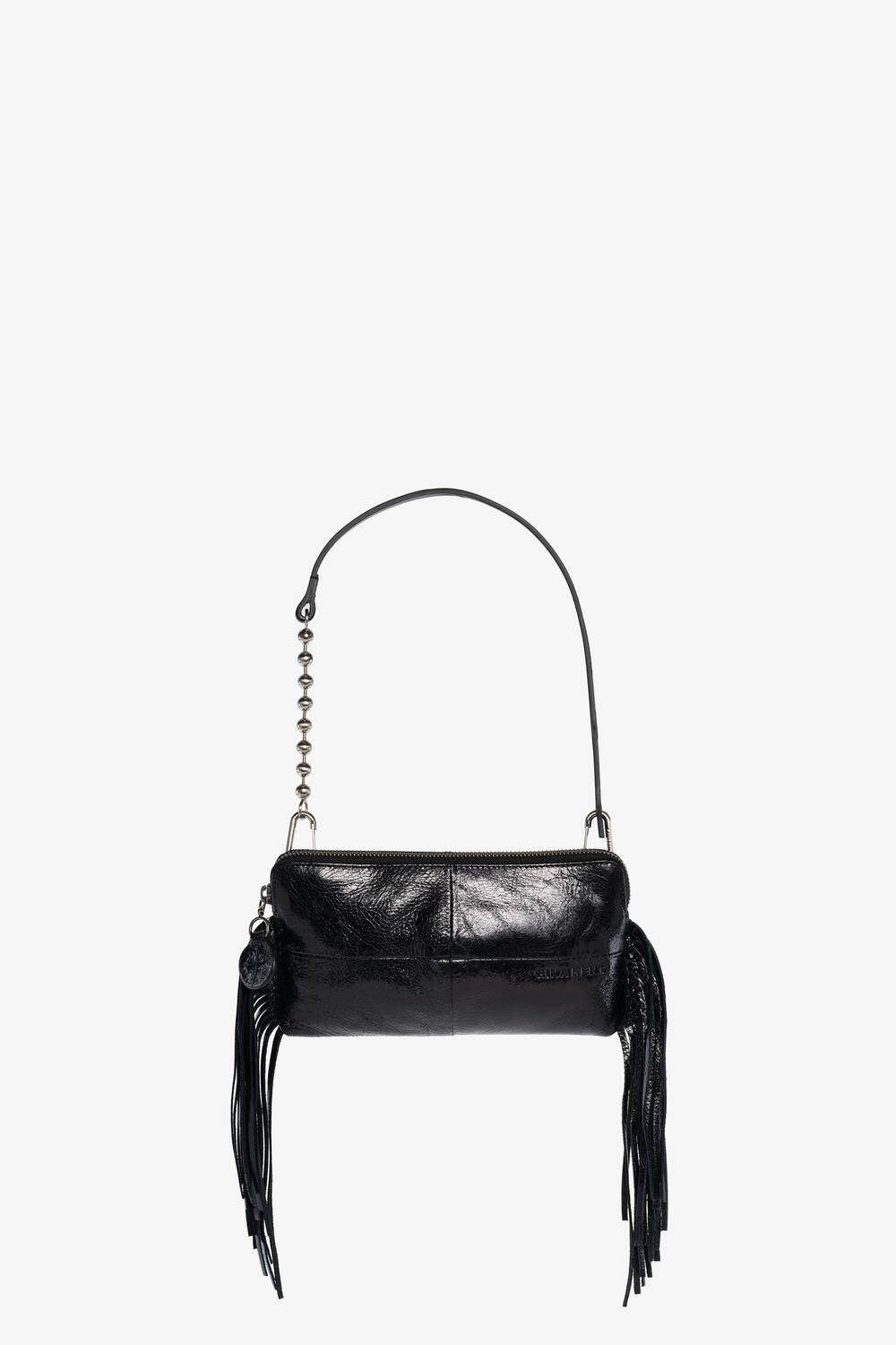 A small black leather INA KENT handbag with a short strap, metallic bead detail, and fringe tassels hanging from each side, displayed against a plain white background.