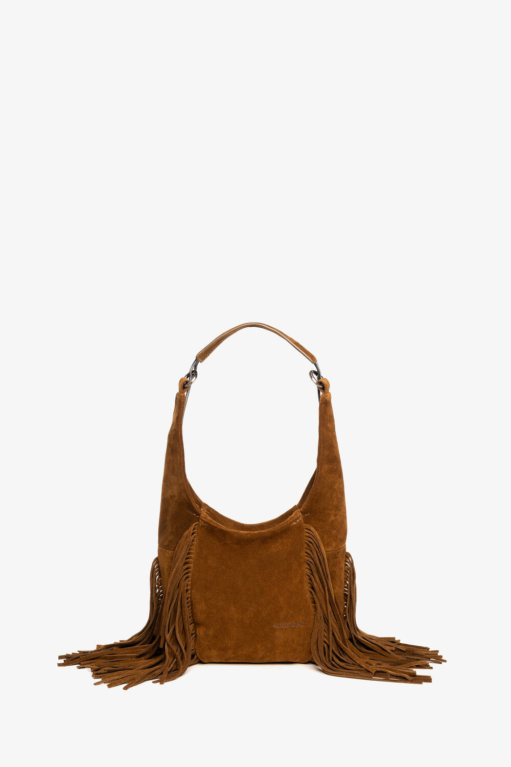 Brown suede INA KENT handbag with a single shoulder strap and long fringe detailing on both sides, displayed against a plain white background.
