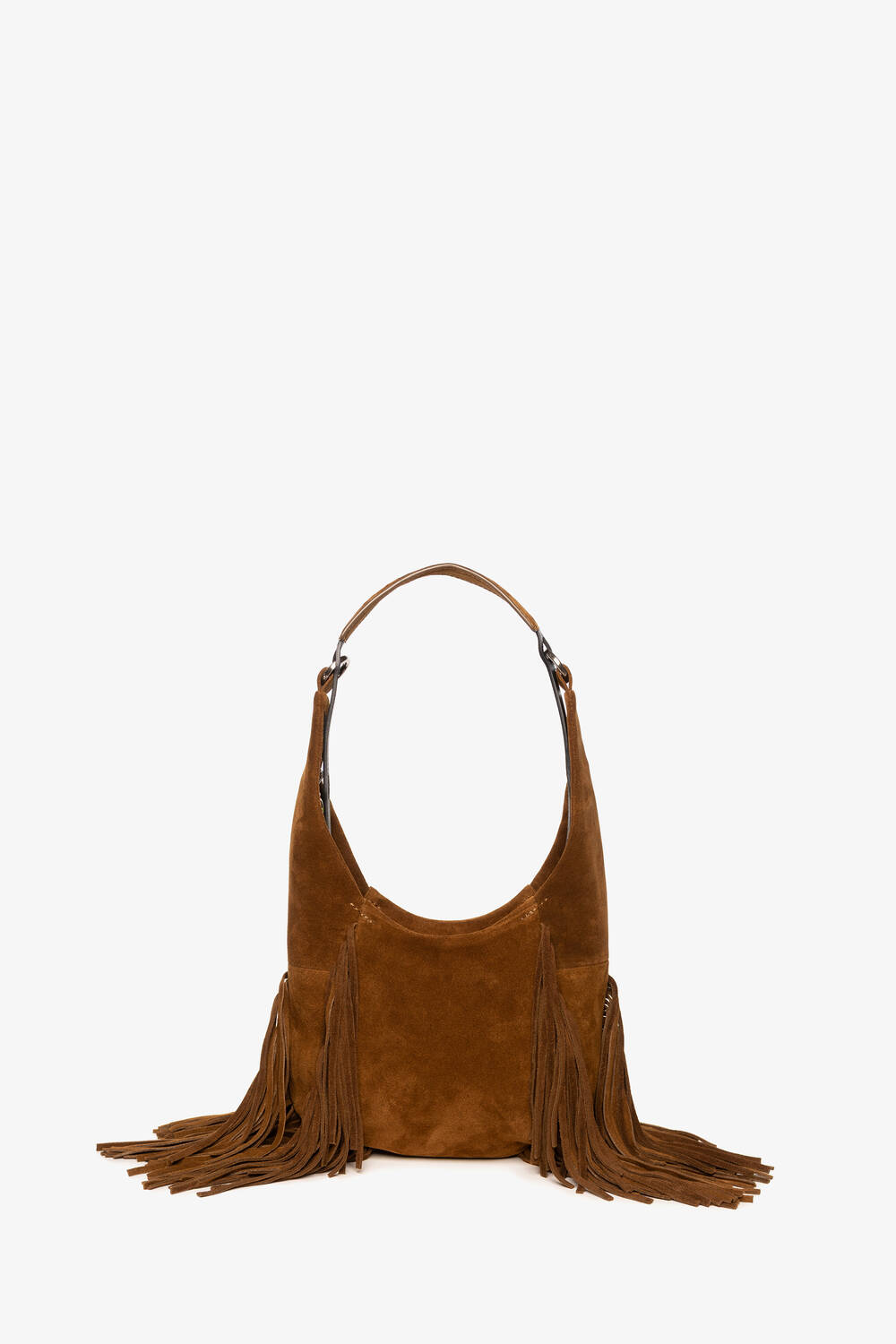 INA KENT brown suede hobo bag with a single shoulder strap and long fringe detailing on both sides, displayed against a plain white background.