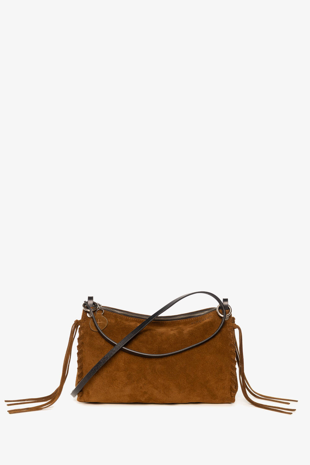 Brown suede INA KENT crossbody bag with a zip closure, black strap, and fringe details on both sides, displayed against a white background.