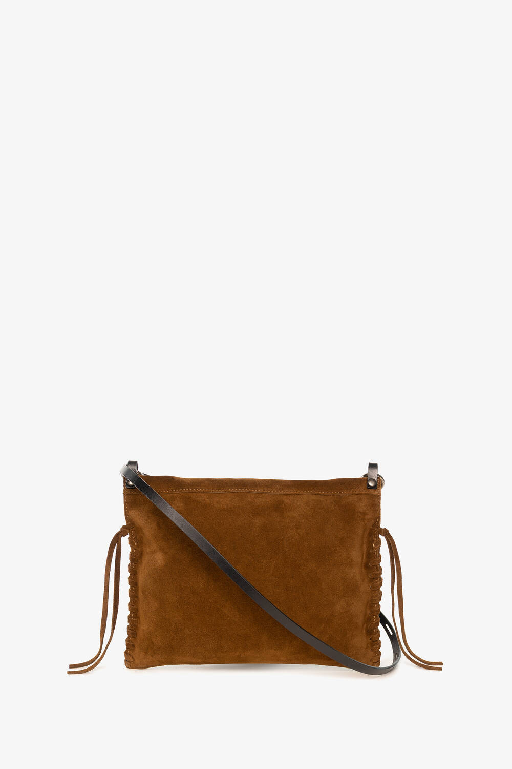 Brown suede INA KENT crossbody bag with a black leather strap and side tassel details, displayed against a plain white background.