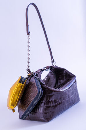 Kombination aus Artikel: Handtasche LUELL ed.1 croc brown & Minitasche X.LOMI ed.2 crackled yolk & Geldtasche X.ENY ed.1 croc brown und Kettenriemen