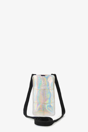Handytasche KAYY ed.1 von INA KENT aus holographischem Metallic-Leder mit schwarzem Textilband Vorderseite; Logo-Prägung mit beflügeltem Herz und INA KENT-Schriftzug