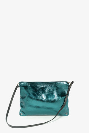 INA KENT Crossbody Bag MOONLIT ed.1 aus blaugrünem Metallic-Leder mit schwarzem längenverstellbaren Lederriemen Rückseite