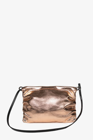 A metallic bronze handbag with a black shoulder strap, featuring a gathered design and two grommets at the bottom corners, showcasing the signature style of INA KENT.