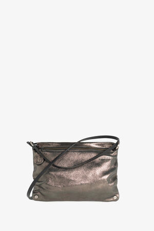 A bag in metallic dark anthracite leather with a long black strap, visible zipper and a slightly casual, soft texture.