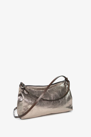 INA KENT ORNAMENT ed.2 metallic bright anthra (side view): A shimmering metallic anthracite-colored bag made of smooth leather with a slim silhouette and a thin, brown shoulder strap, side view.