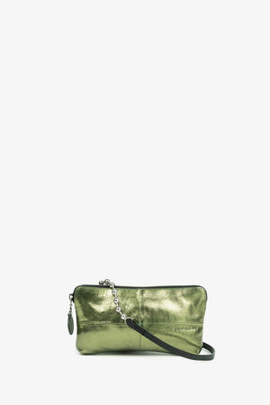 A small bag made from crackled guacamole-colored leather with a shiny surface. The bag has a black shoulder strap, a silver ball chain and a round pendant. The zipper runs along the top.