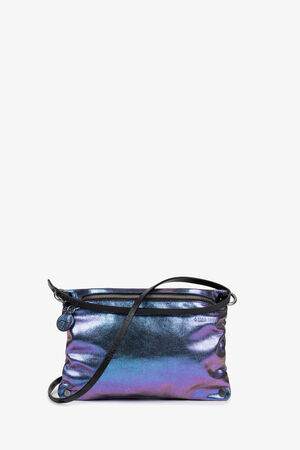 Small, shiny shoulder bag in shimmering shades of blue and purple with a thin shoulder strap from the front