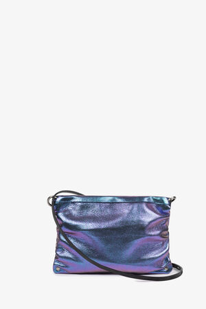 Small, shiny shoulder bag in shimmering shades of blue and purple with a thin shoulder strap from the back